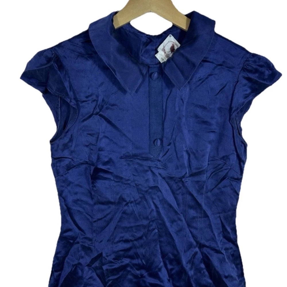 Vintage Blue Cap Sleeve Fitted Button Down Blouse